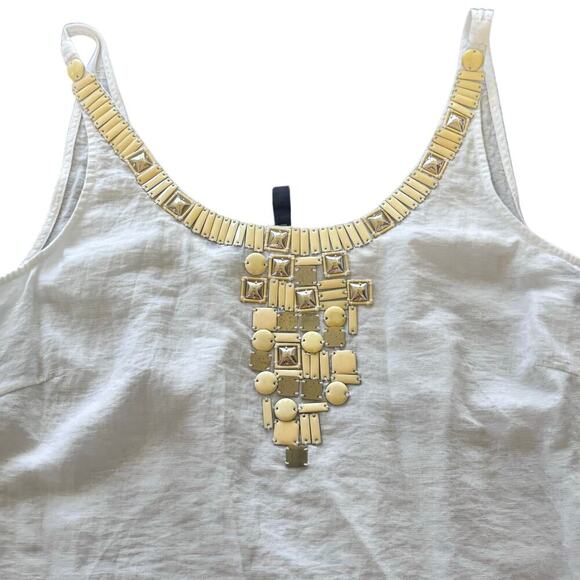 BCBG MAXAZARIA White Linen Neutral Embellishments Tank Top Blouse Women’s Sz L - Picture 2 of 9